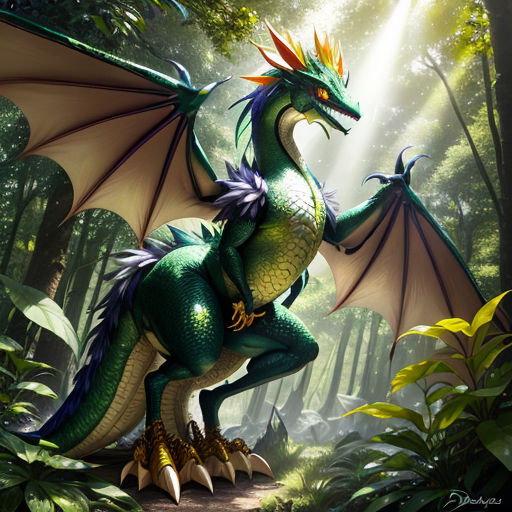 a green dragon with yellow wings is in the woods with trees and plants and sunlight beams coming through the trees