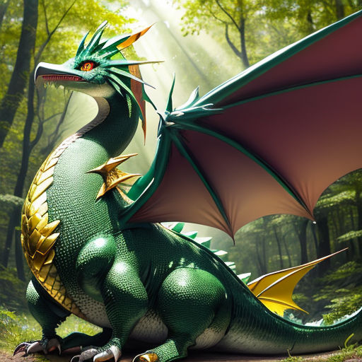 a green and red dragon sitting in the middle of a forest with trees in the background and sunlight streaming through the trees