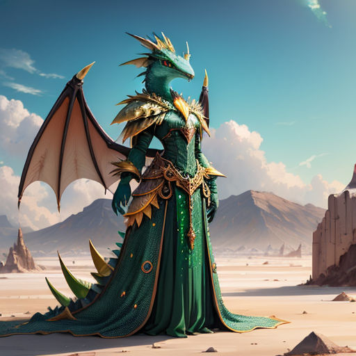 a green dragon with gold wings standing in a desert landscape with a castle in the background and a blue sky