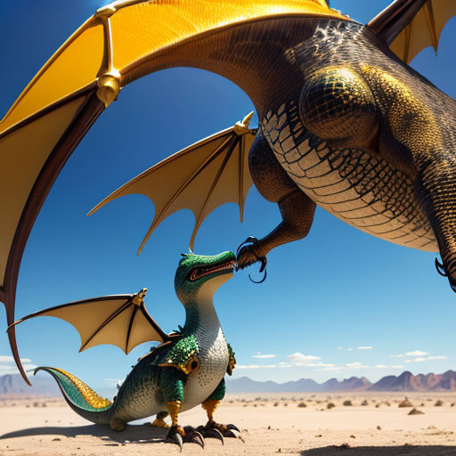 a dragon is holding a smaller dragon in its mouth in the desert, with mountains in the background, and a blue sky