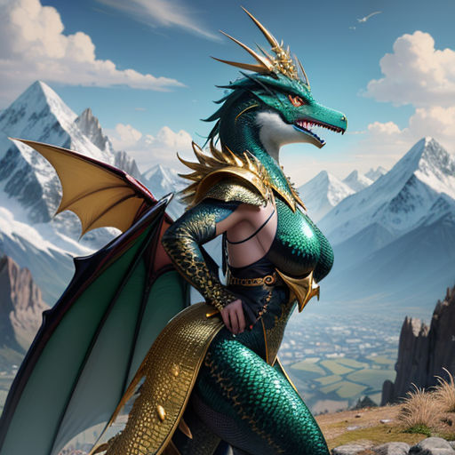 a woman dressed in a green and gold dragon costume with a mountain background and a sky background is shown