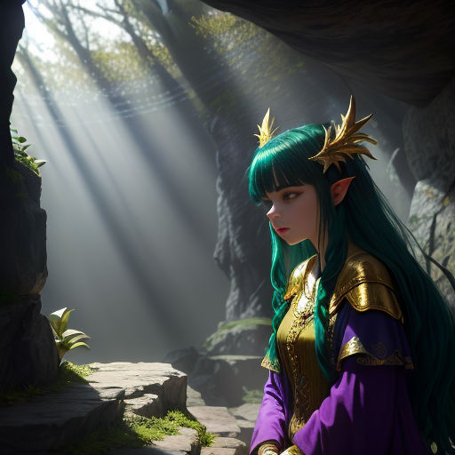 a woman with green hair and a crown on her head in a forest setting with sunlight streaming through the trees