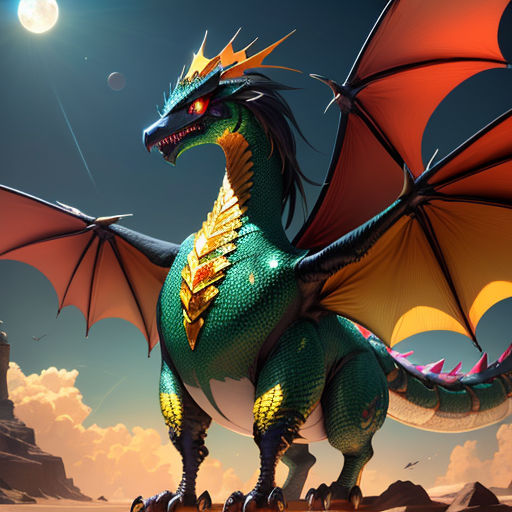 a green and red dragon standing on a rock in front of a castle with a moon in the sky