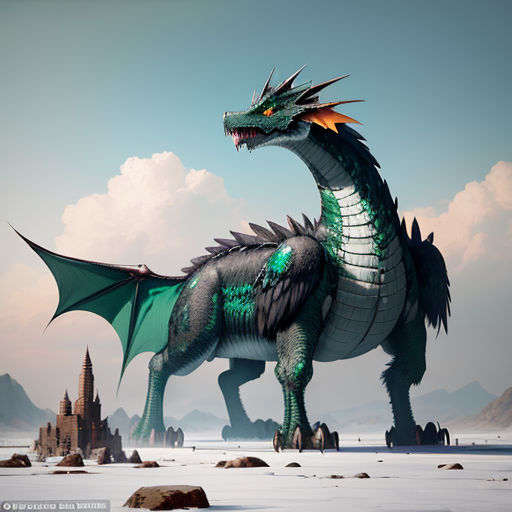 a green dragon standing in a snowy landscape with a castle in the background and a sky background with clouds