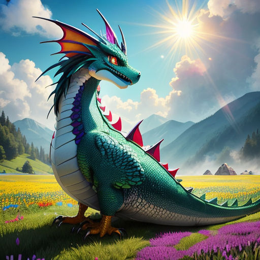 a dragon sitting on a field of flowers with a mountain in the background and a sun shining over the mountains