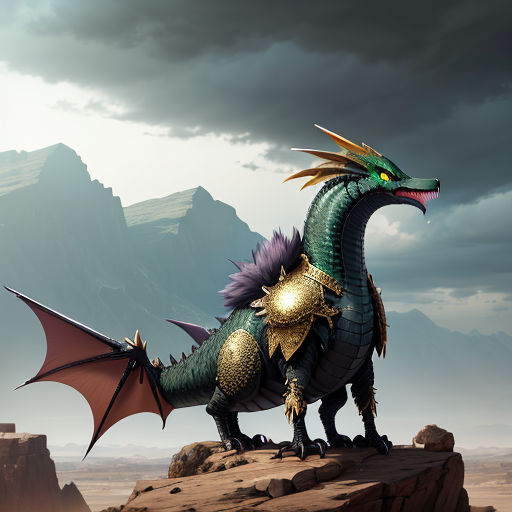 a green dragon with gold armor on a rock in the desert with mountains in the background and a dark sky