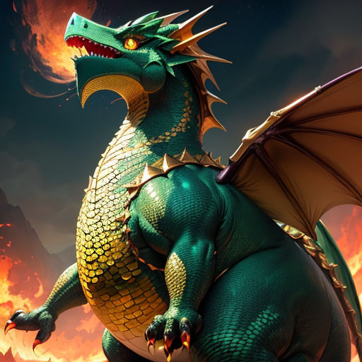 a green dragon with a yellow head and wings standing on a rock with a sky background and clouds in the background