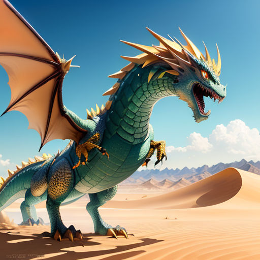 a green dragon with yellow wings standing in the desert with sand dunes and mountains in the background, with a blue sky and clouds