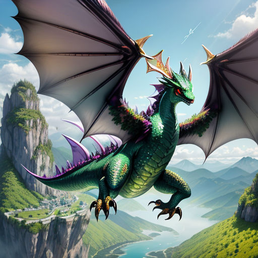 a green dragon with a red nose and wings flying over a mountain range with a river and a castle