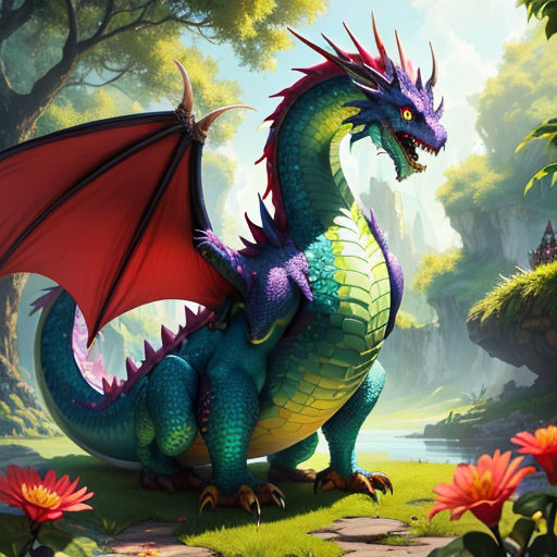 a dragon with a red tail and wings sitting on a rock in a forest with flowers and trees, with a river in the background