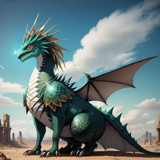 a green dragon with spikes on its head and wings sitting on a rock in a desert area with a sky background