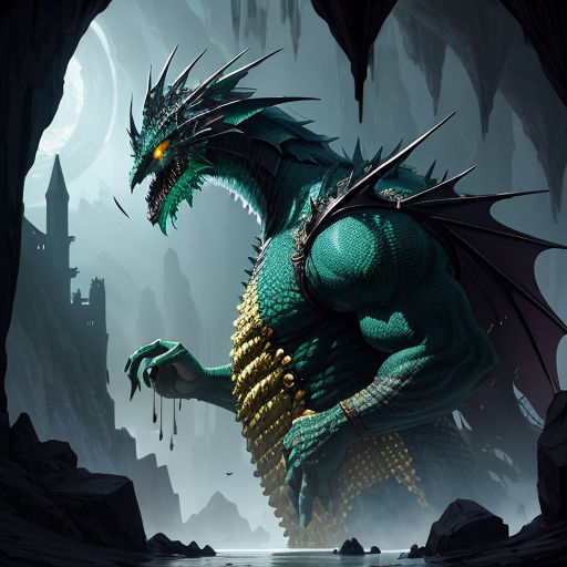 a green dragon with yellow eyes and a black body standing in a cave with a light on its head