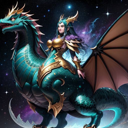 a woman riding a dragon in the sky with stars in the background and a sky background with stars and a blue dragon