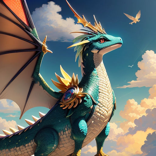 a blue dragon with a gold crown on its head and wings, standing on a rock with a bird flying in the background