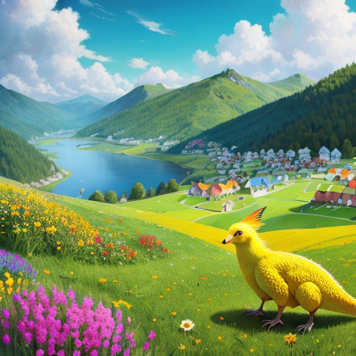 a yellow bird standing on a lush green hillside next to a lake and a village in the background with a blue sky