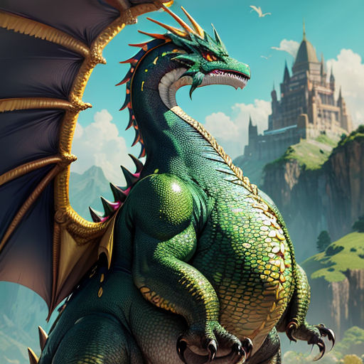 a green dragon sitting on top of a rock next to a castle in the background with a bird flying over it