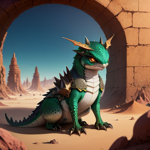 a green dragon sitting in a cave with a stone arch in the background and a desert landscape in the foreground