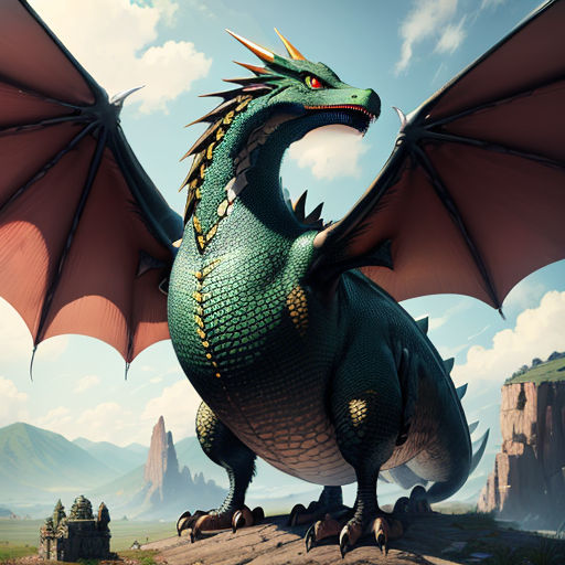 a green dragon with red wings standing on a rock in front of a mountain range with a castle in the background
