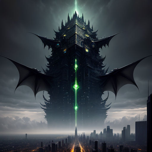 a large dragon like structure with a green light on it's head and a city in the background