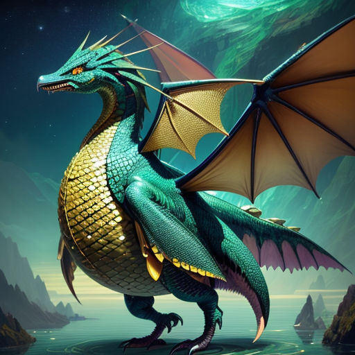 a green dragon with a yellow tail and wings sitting on a rock in the water with a mountain in the background