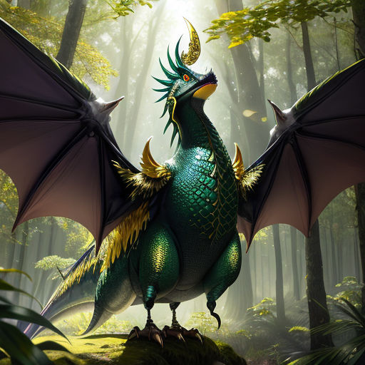 a green dragon with yellow wings standing in a forest with trees and leaves on the ground, with a bright light shining through the trees