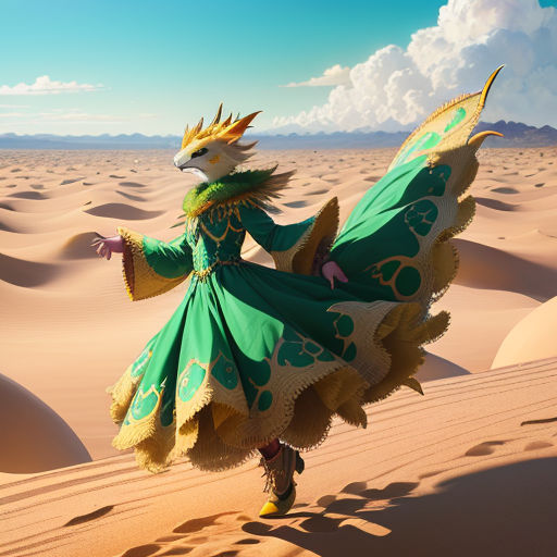 a woman in a green dress is dancing in the desert sand dunes with a sky background and clouds in the sky