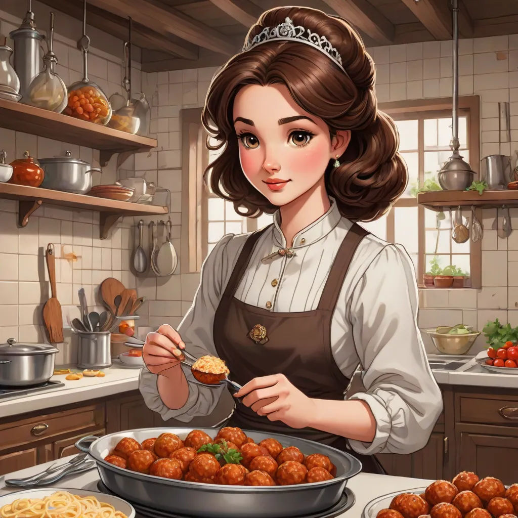 a woman in a kitchen holding a spoon with food in it and a bowl of spaghetti in front of her, sots art, a detailed painting, Beatrice Huntington, kinkade