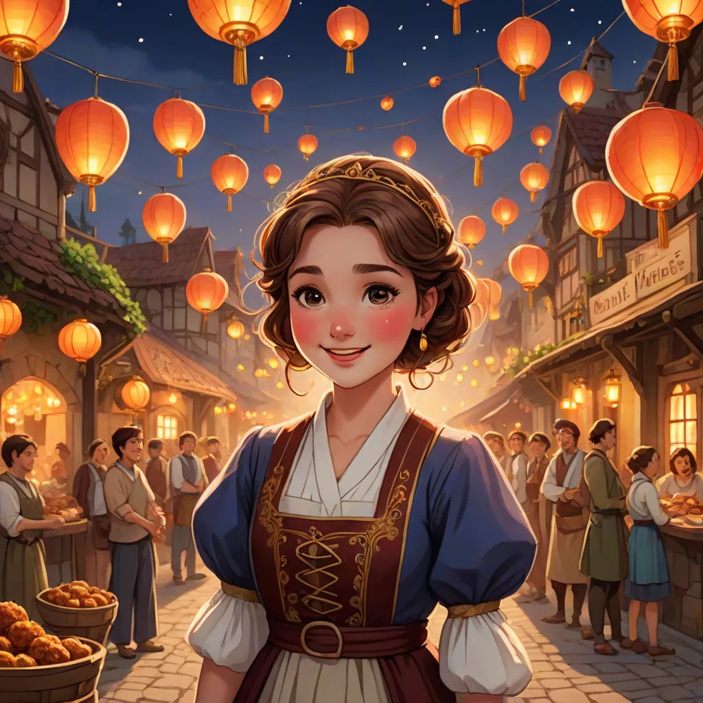 a woman in a dress standing in front of a crowd of people with lanterns in the sky above her, fantasy art, a storybook illustration, Chen Lin, kinkade