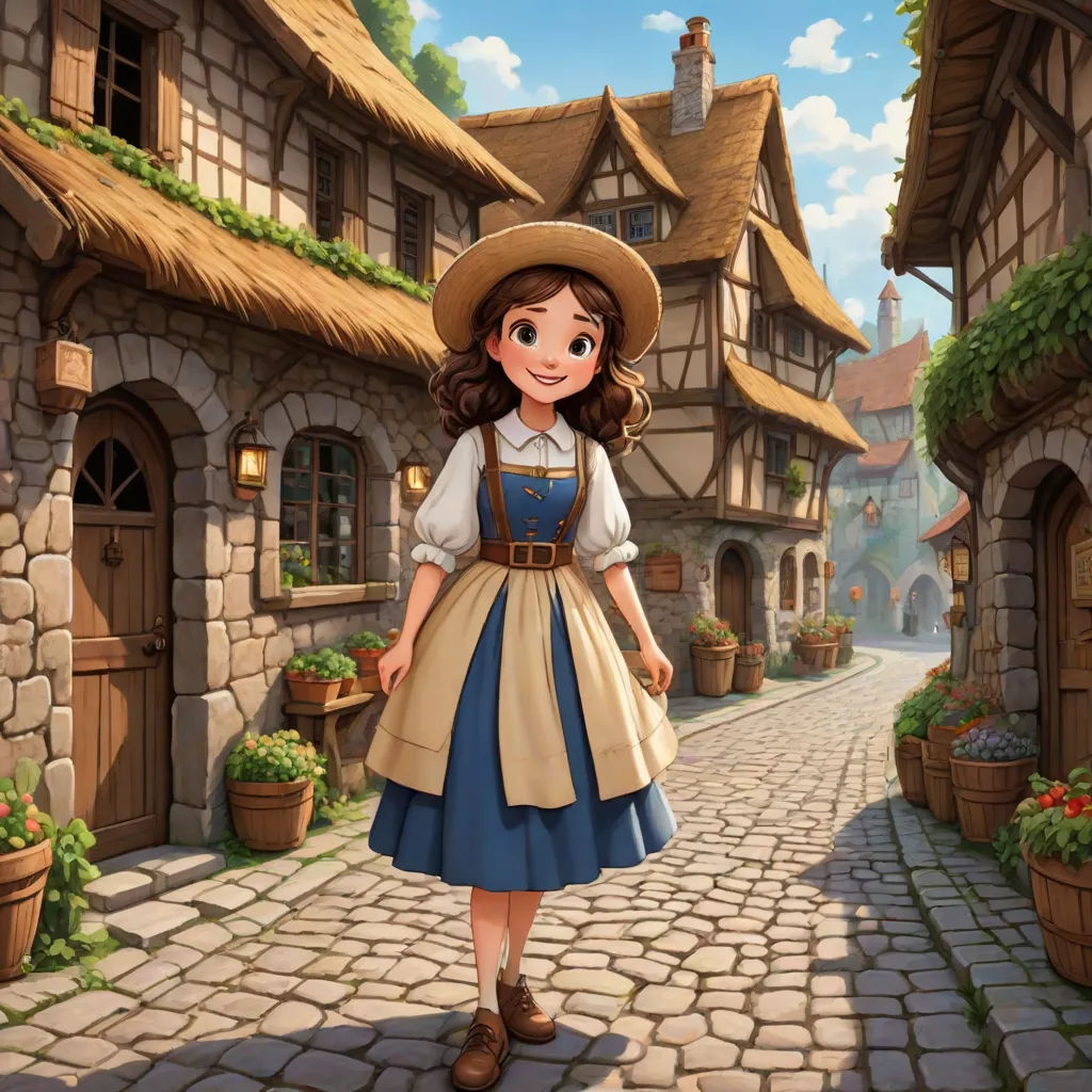 a girl in a dress and hat standing in front of a village street with a cobblestone road, fantasy art, a storybook illustration, Claire Falkenstein, storybook illustration