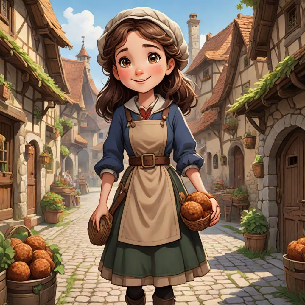 a cartoon girl in a dress holding a basket of bread in a village street with a cobblestone road, fantasy art, a character portrait, Claire Falkenstein, game art