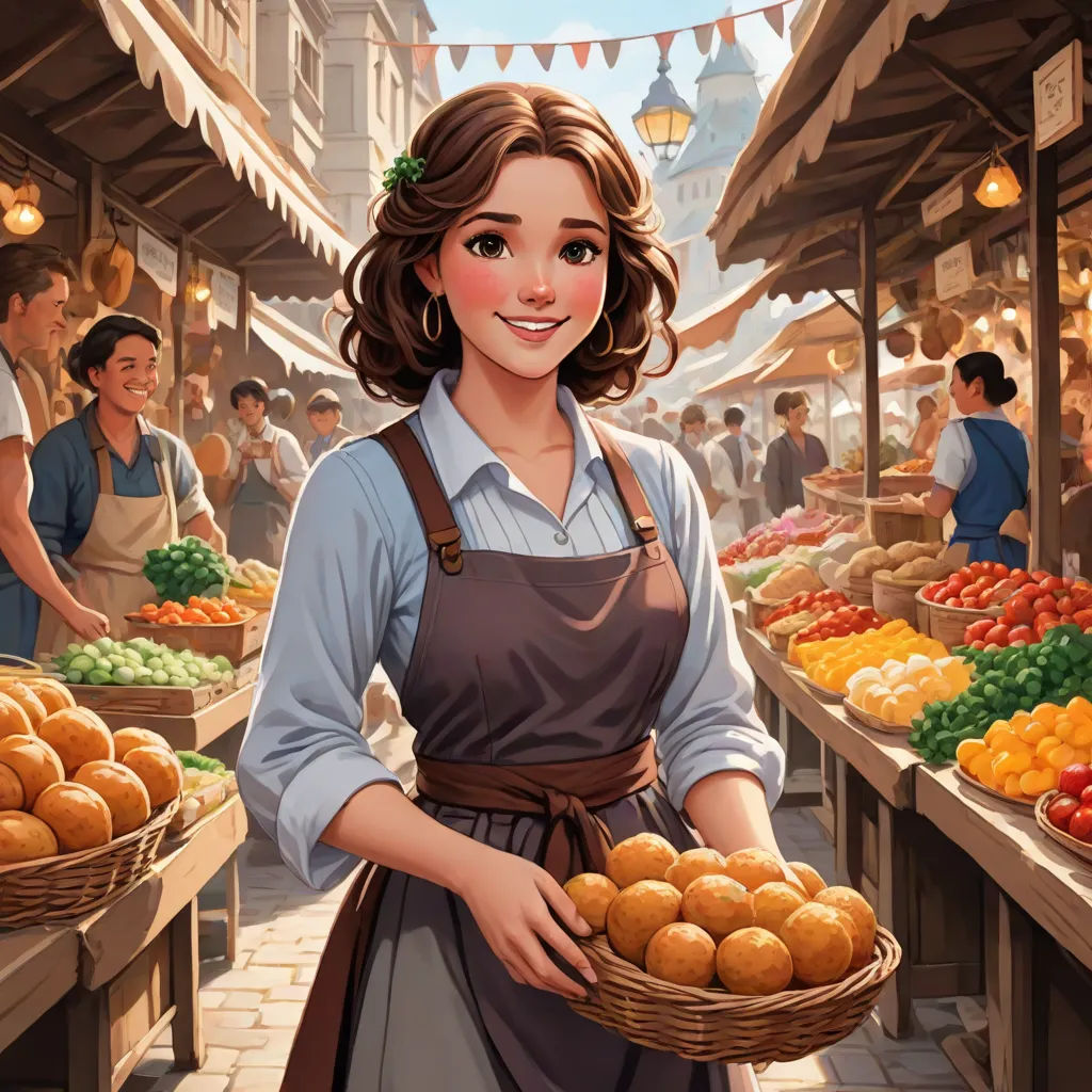 a woman holding a basket of fruit in a market place with other people in the background and a man in the foreground, magical realism, a storybook illustration, Bourgeois, kinkade