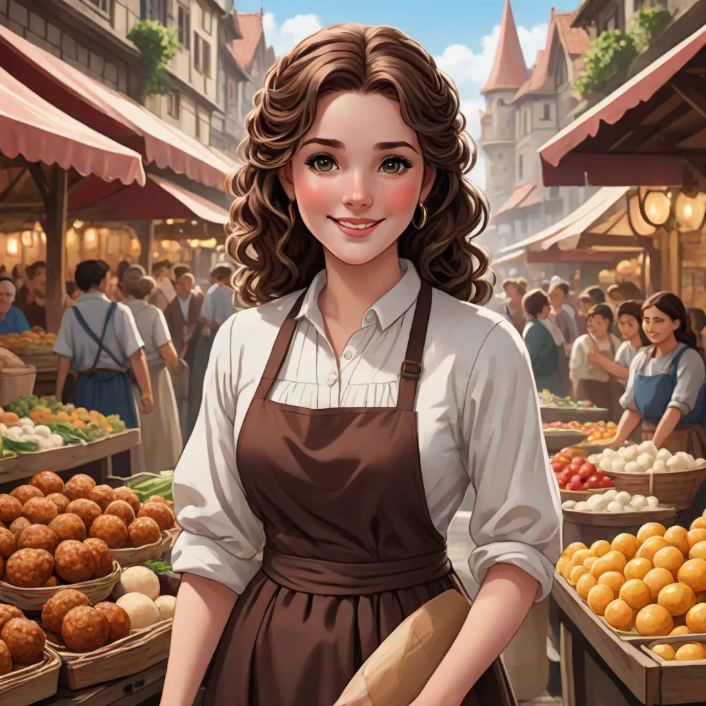a woman in an apron standing in front of a market filled with oranges and other fruits and vegetables, fantasy art, a character portrait, Bourgeois, character portrait
