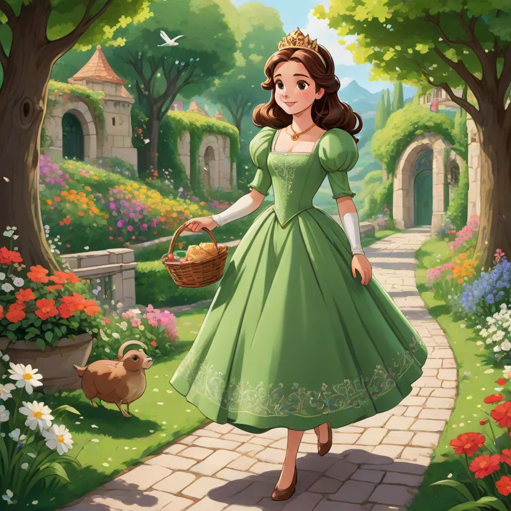 a woman in a green dress is walking down a path with a basket of food in her hand and a duck in the other hand, fantasy art, a storybook illustration, Clarice Beckett, official art