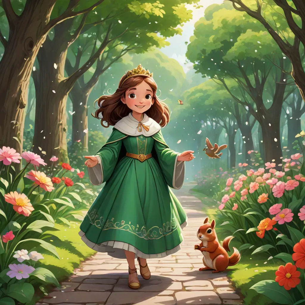 a little girl in a green dress is walking through a forest with a dog and a bird in her hand, fantasy art, a storybook illustration, Arthur Hughes, official art