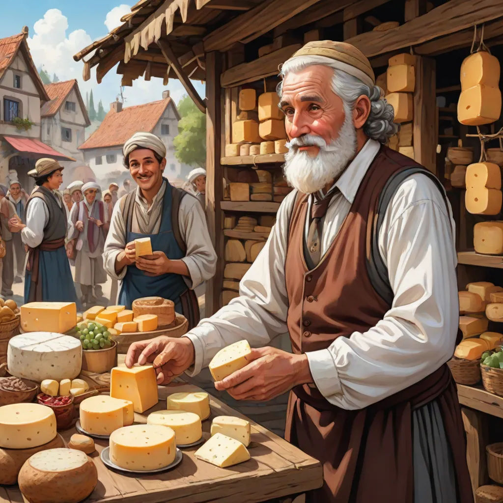 a painting of a man selling cheese at a market stall with other people around him and a man with a beard, synthetism, a storybook illustration, Bob Byerley, ultra realistic illustration