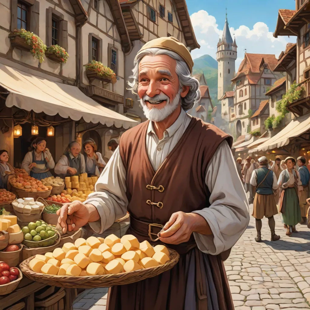 a man holding a tray of food in front of a crowd of people on a street corner with a castle in the background, fantasy art, a storybook illustration, Bob Byerley, fantasy artwork