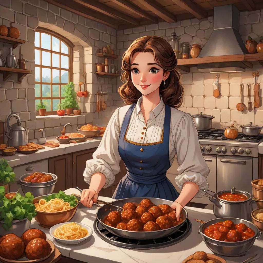 a woman in a kitchen with a plate of food on the counter and a pot of spaghetti on the counter, sots art, a detailed painting, Anne Said, kinkade