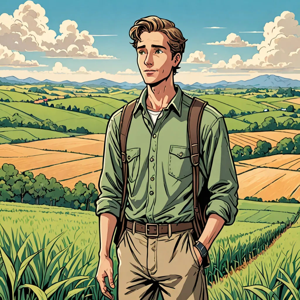 a man standing in a field with a backpack on his back and a sky background with clouds in the sky, color field, a comic book panel, Evan Charlton, tom of finland