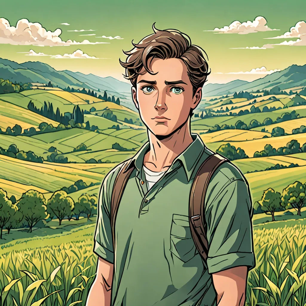 a man standing in a field with a backpack on his back and a green landscape behind him, with a green field and mountains in the background, sots art, a comic book panel, Everett Warner, comic cover art