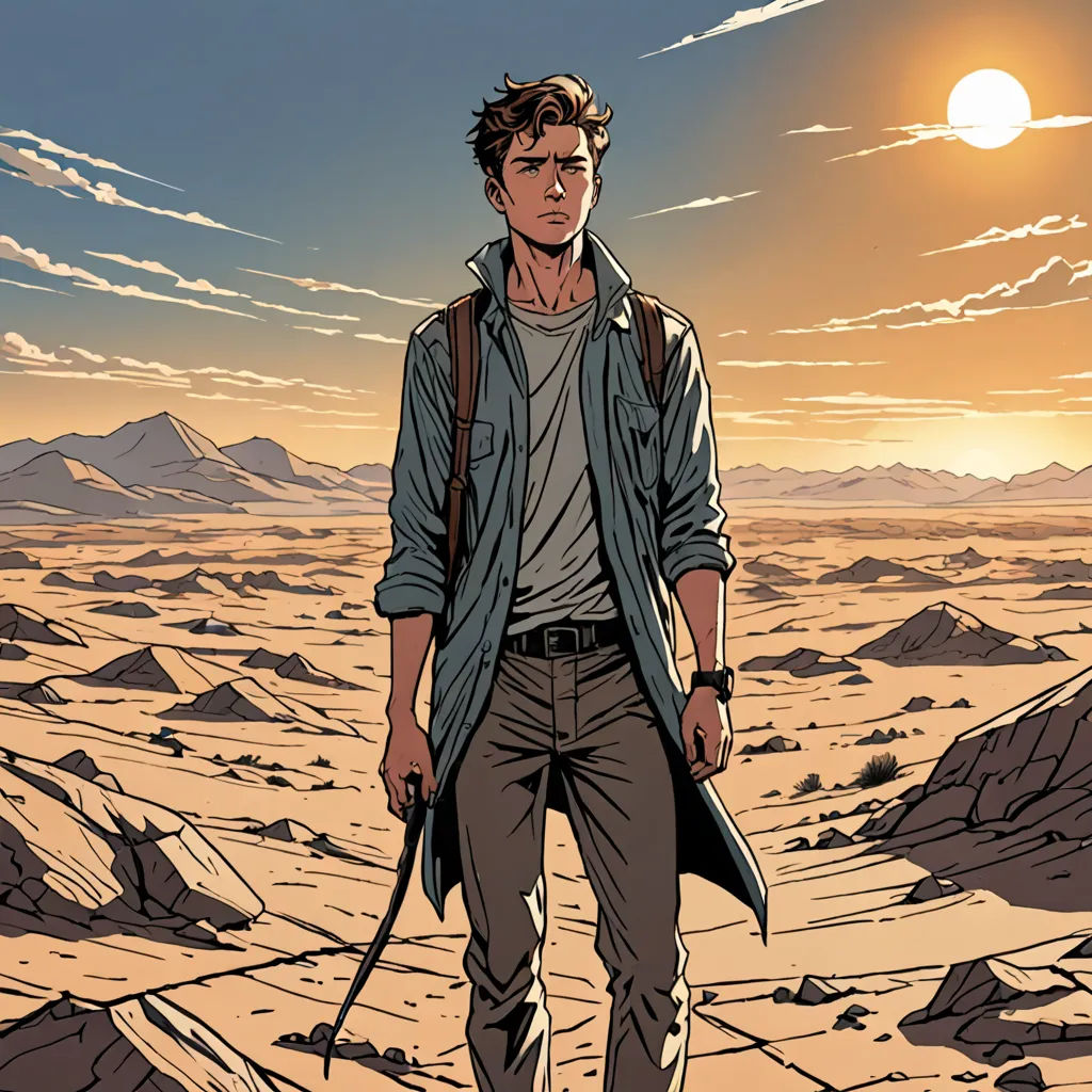 a man standing in the desert with a backpack on his back and a backpack on his shoulder, with a sunset in the background, process art, a comic book panel, Cliff Childs, comic cover art