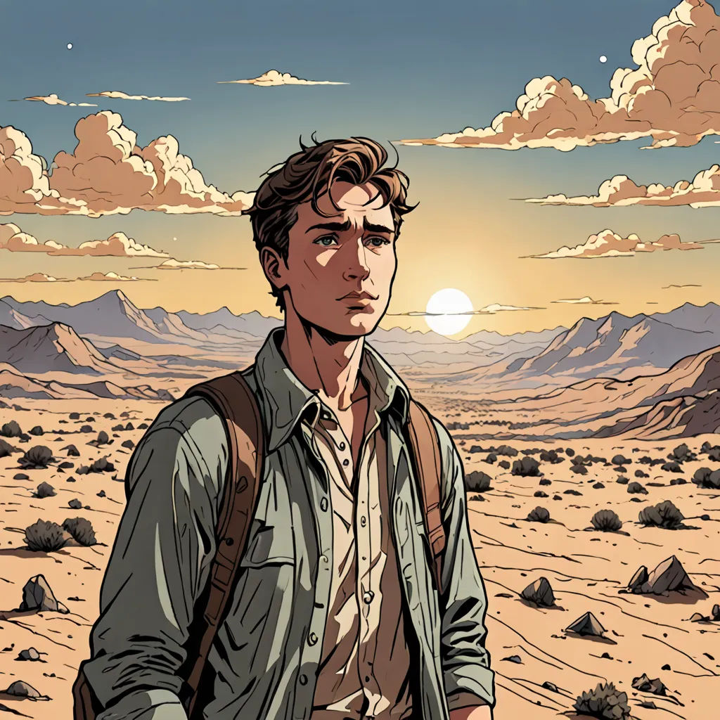 a man standing in the desert with a backpack on his back and a sunset in the background with clouds, serial art, a comic book panel, Dan Mumford, comic cover art