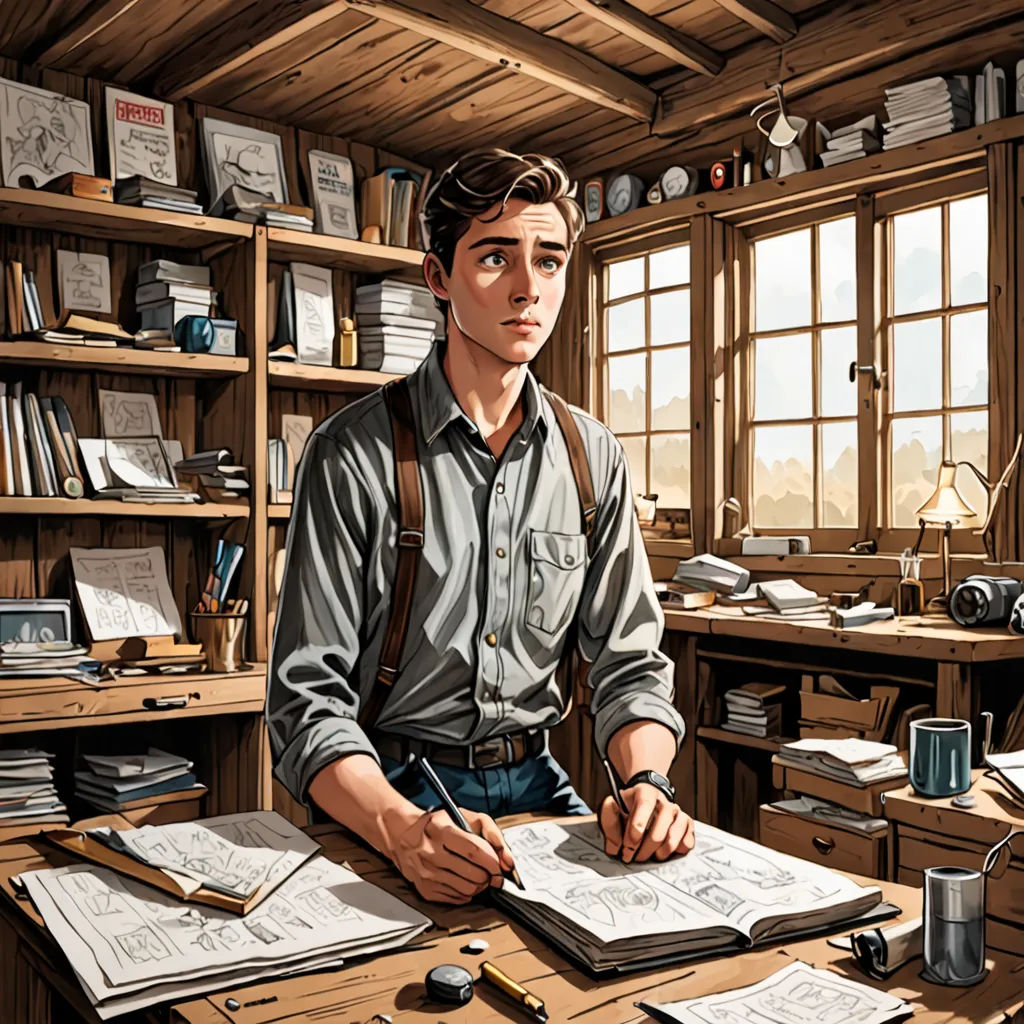 a man sitting at a desk with a book and pen in his hand and papers on the desk in front of him, computer art, computer graphics, Diego Gisbert Llorens, official art
