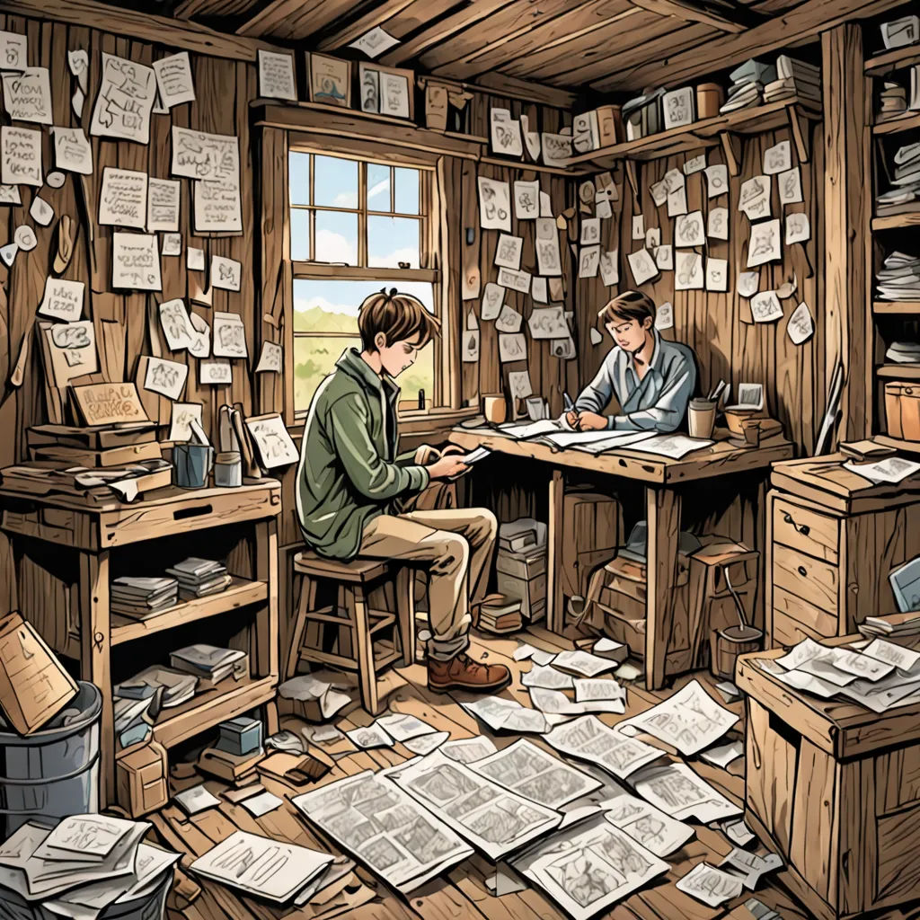 a drawing of two people sitting at a desk in a room full of papers and papers everywhere on the floor, computer art, a storybook illustration, Colin Middleton, official art