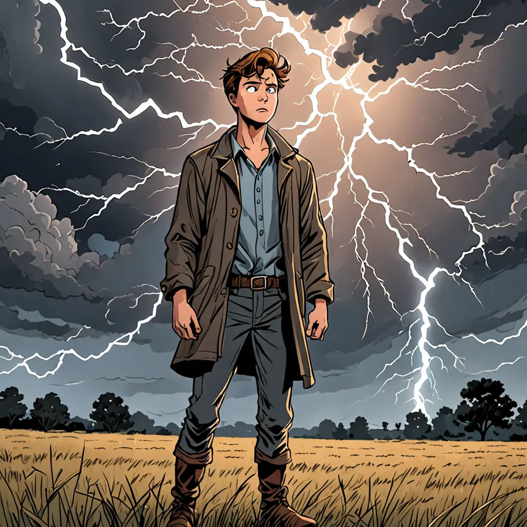 a man standing in a field with a lightning in the background and a sky full of clouds behind him, shock art, a comic book panel, Doug Wildey, comic cover art