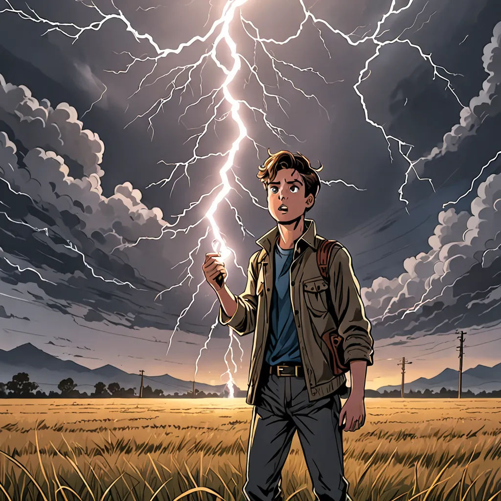a man standing in a field with a lightning bolt in the background of the picture and a sky full of clouds, shock art, a comic book panel, Drew Struzan, comic cover art
