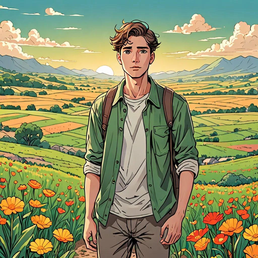 a man standing in a field of flowers with a backpack on his back and a sky background with clouds, color field, a comic book panel, Asaf Hanuka, comic cover art