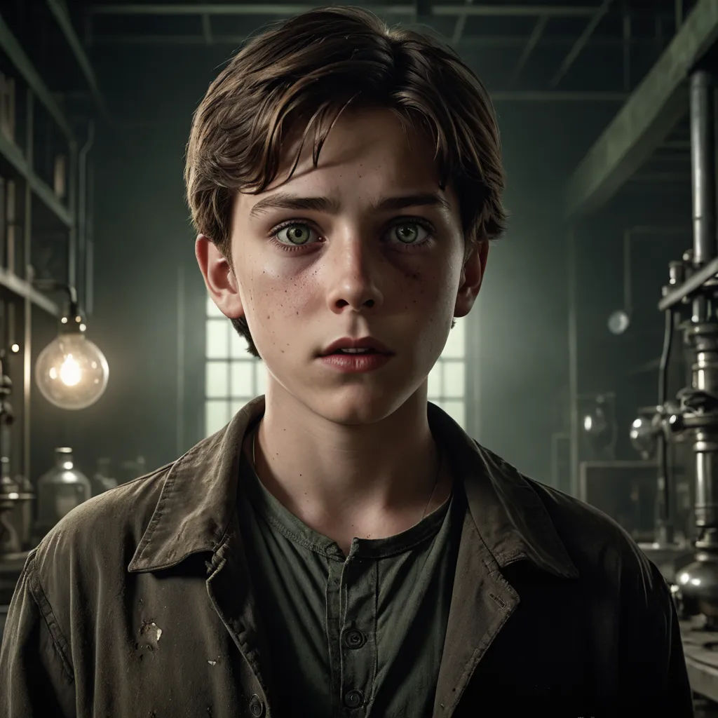 a boy in a dark room with a light bulb on the ceiling and a light bulb on the wall, photorealism, a character portrait, Daniel Lieske, promotional image