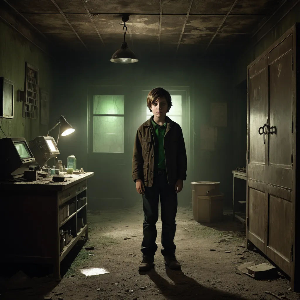 a man standing in a dark room with a desk and a lamp on it's side and a door open, video art, poster art, Diego Gisbert Llorens, promotional image