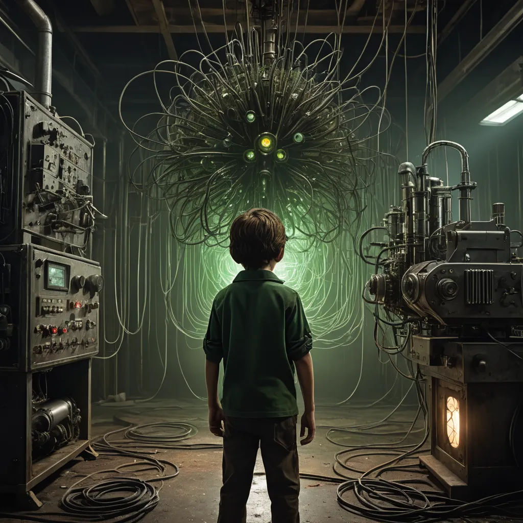 a boy standing in a room with wires and wires all over it and a green light shining on the ceiling, sots art, concept art, Diego Gisbert Llorens, promotional image
