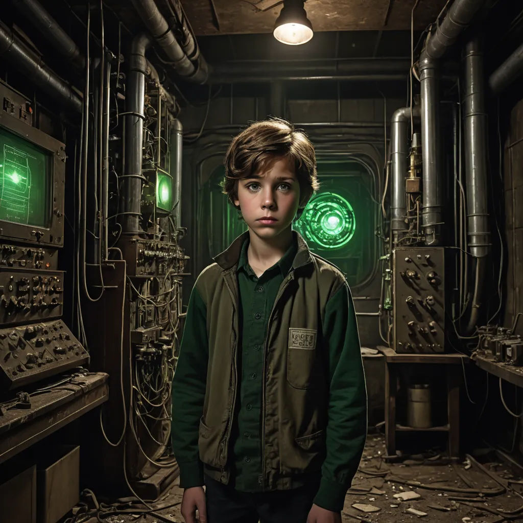 a boy standing in a room with lots of wires and equipment on the walls and floor, with a green light in the background, retrofuturism, a character portrait, Bertram Brooker, promotional image